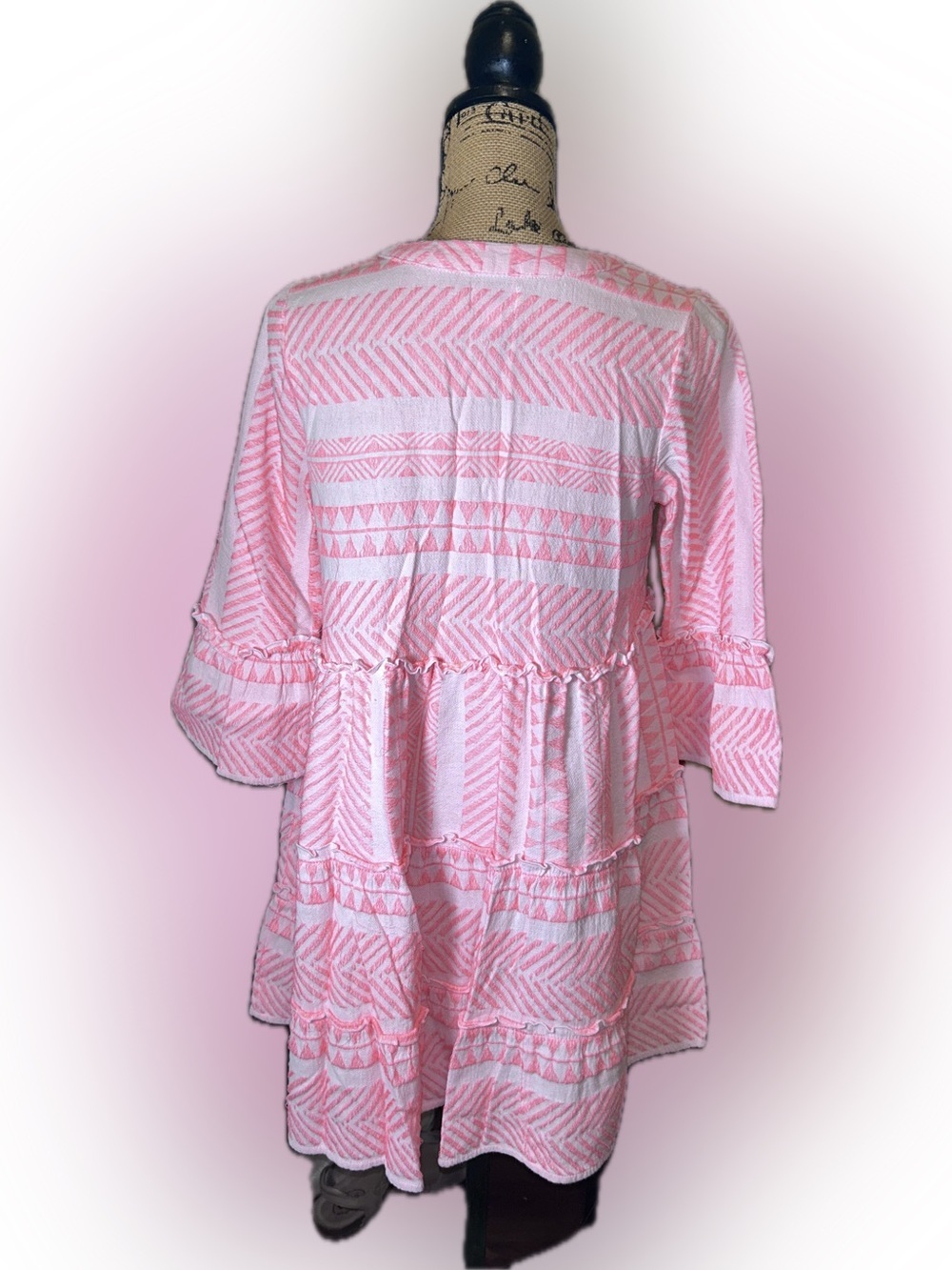 Mud Pie Renee Hot Pink Yarn Dye Tiered V-Neck Mini Dress S - Picture 8 of 14